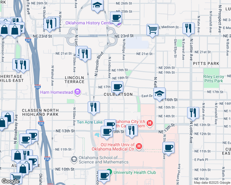 map of restaurants, bars, coffee shops, grocery stores, and more near 717 Culbertson Drive in Oklahoma City