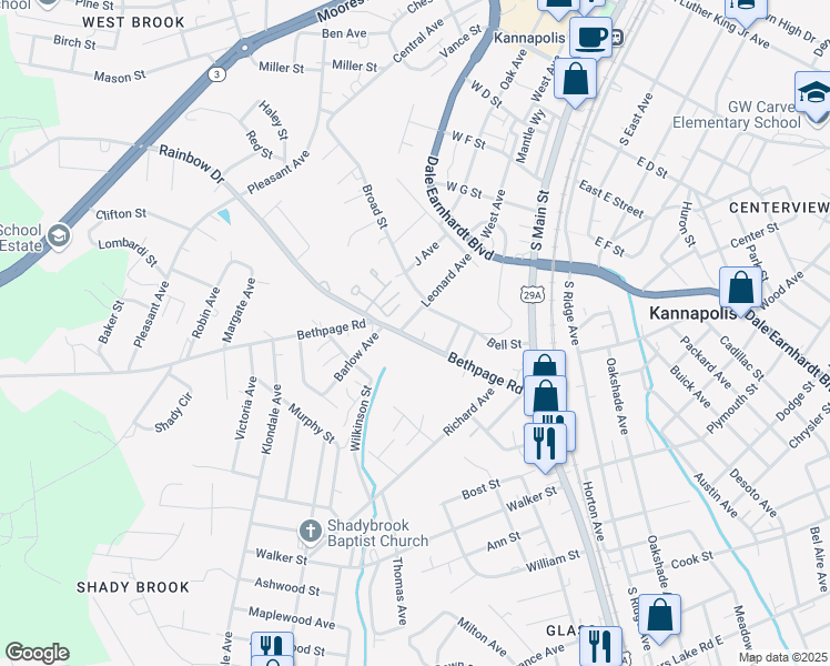 map of restaurants, bars, coffee shops, grocery stores, and more near 312 Bethpage Road in Kannapolis