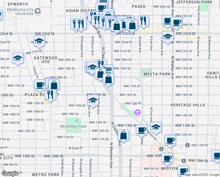 map of restaurants, bars, coffee shops, grocery stores, and more near 1720 North Classen Boulevard in Oklahoma City