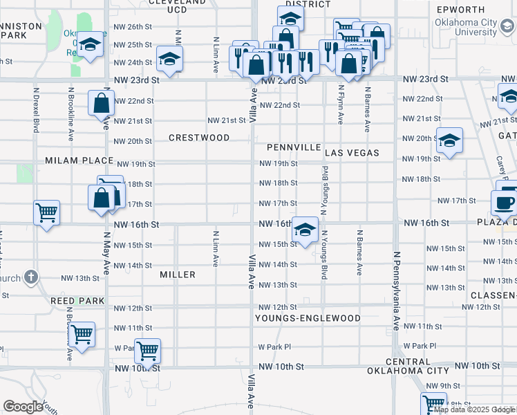map of restaurants, bars, coffee shops, grocery stores, and more near 2428 Northwest 17th Street in Oklahoma City