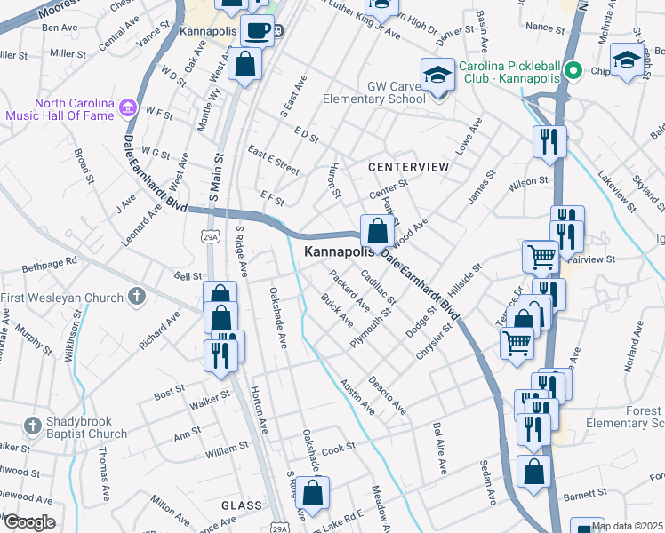 map of restaurants, bars, coffee shops, grocery stores, and more near 703 Packard Avenue in Kannapolis