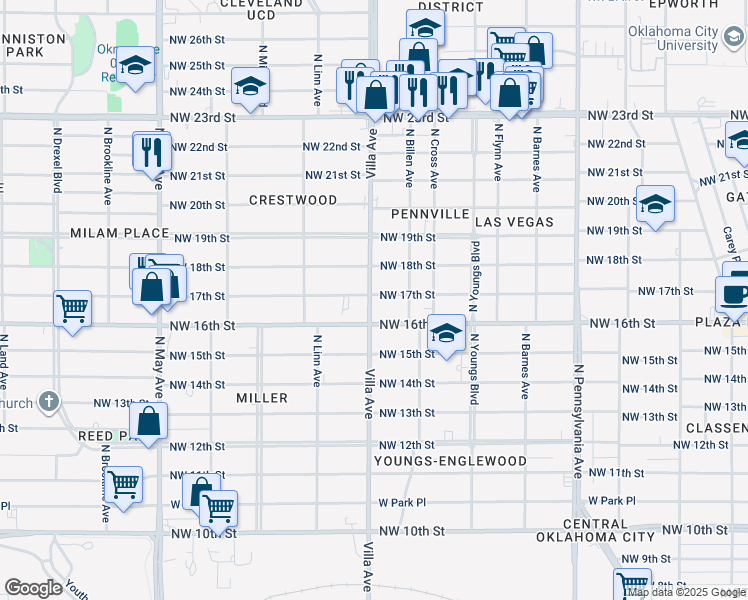 map of restaurants, bars, coffee shops, grocery stores, and more near 1720 North Villa Avenue in Oklahoma City