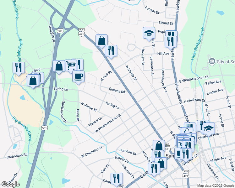 map of restaurants, bars, coffee shops, grocery stores, and more near 317 Queens Road in Sanford