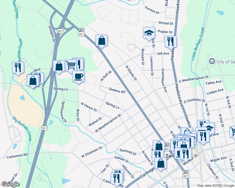 map of restaurants, bars, coffee shops, grocery stores, and more near 317 Queens Road in Sanford