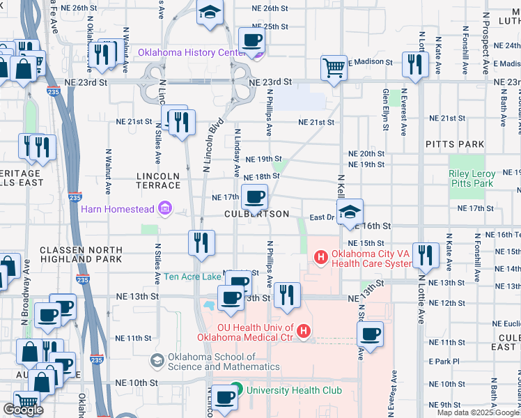 map of restaurants, bars, coffee shops, grocery stores, and more near 714 Northeast 17th Street in Oklahoma City