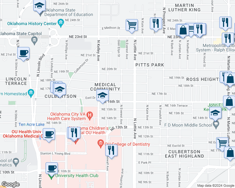 map of restaurants, bars, coffee shops, grocery stores, and more near 1128 Northeast 17th Street in Oklahoma City