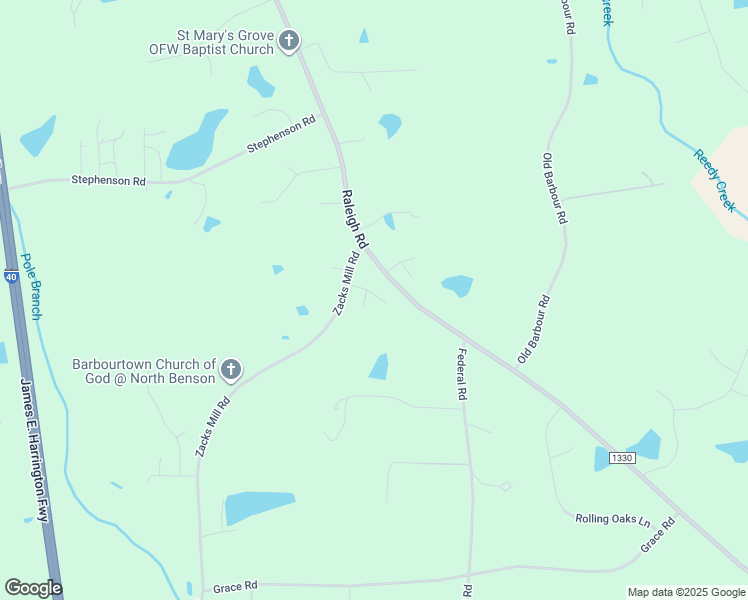 map of restaurants, bars, coffee shops, grocery stores, and more near 8676 Raleigh Road in Benson