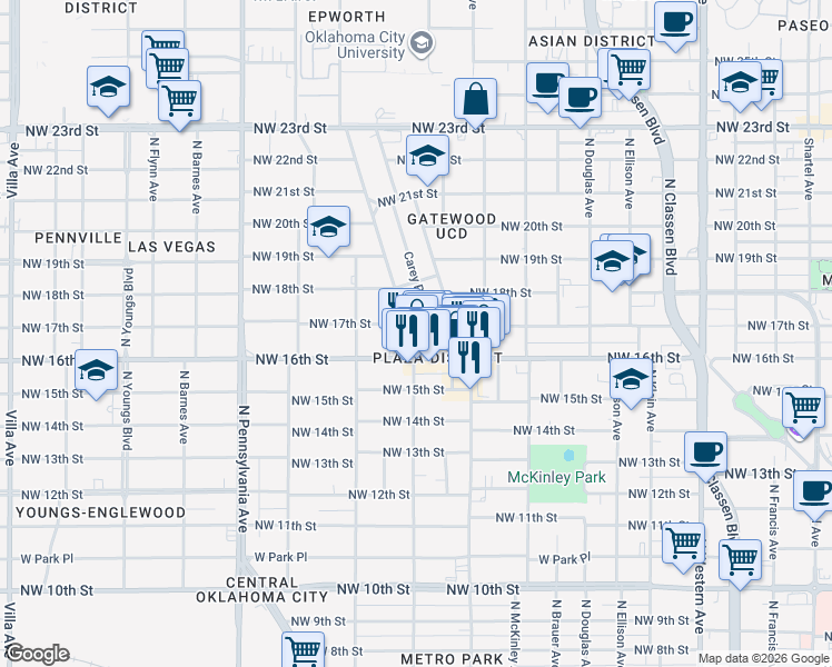 map of restaurants, bars, coffee shops, grocery stores, and more near 1718 North Indiana Avenue in Oklahoma City