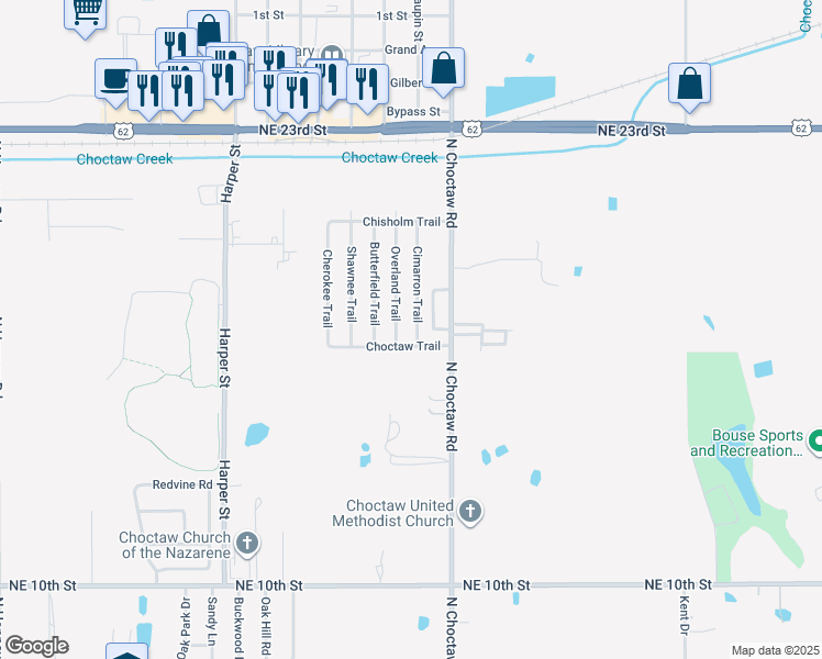map of restaurants, bars, coffee shops, grocery stores, and more near 1712 Cimarron Trail in Choctaw