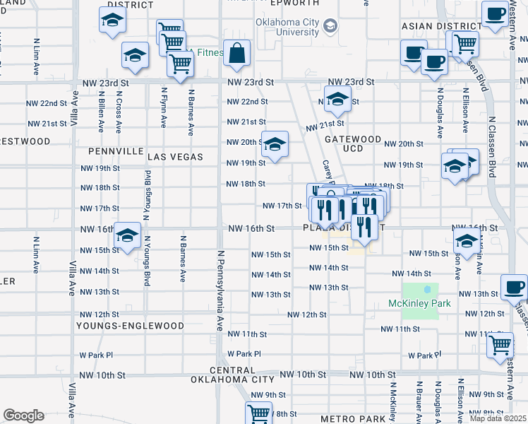 map of restaurants, bars, coffee shops, grocery stores, and more near 1932 Northwest 17th Street in Oklahoma City
