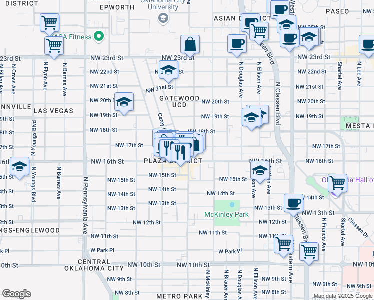 map of restaurants, bars, coffee shops, grocery stores, and more near 1708 Northwest 17th Street in Oklahoma City