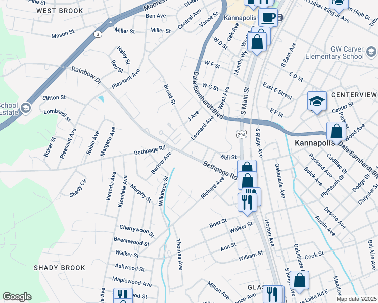 map of restaurants, bars, coffee shops, grocery stores, and more near 312 Bethpage Road in Kannapolis
