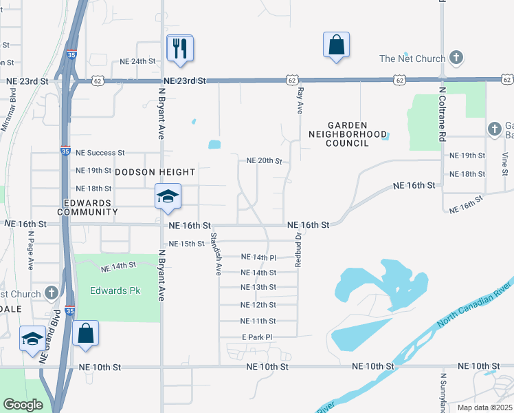 map of restaurants, bars, coffee shops, grocery stores, and more near 1800 Washington Boulevard in Oklahoma City