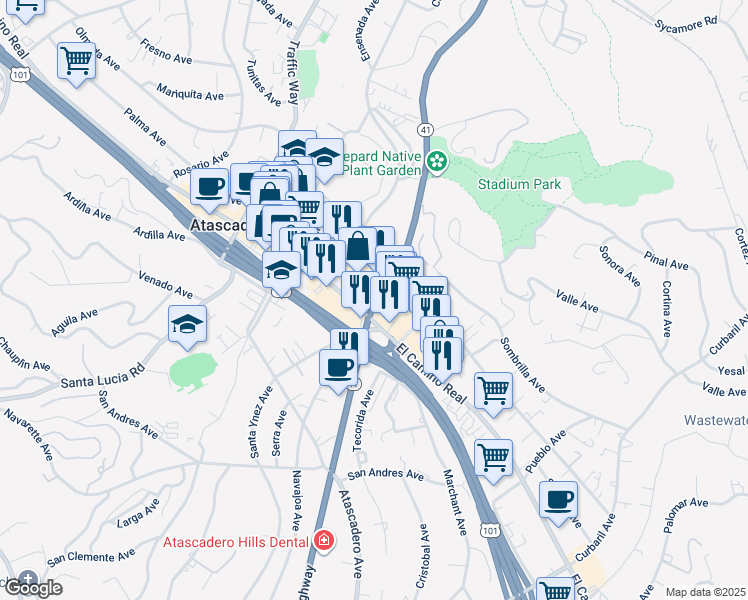 map of restaurants, bars, coffee shops, grocery stores, and more near 6915 Santa Ysabel Avenue in Atascadero