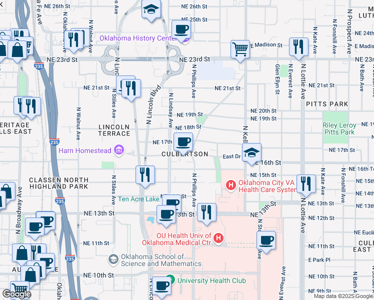 map of restaurants, bars, coffee shops, grocery stores, and more near 714 Northeast 17th Street in Oklahoma City