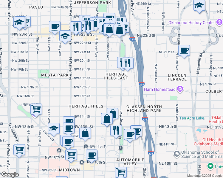 map of restaurants, bars, coffee shops, grocery stores, and more near 119 1/2 Northwest 17th Street in Oklahoma City