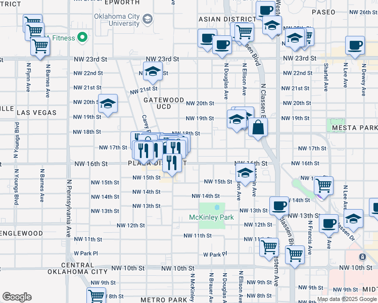 map of restaurants, bars, coffee shops, grocery stores, and more near 1614 Northwest 17th Street in Oklahoma City