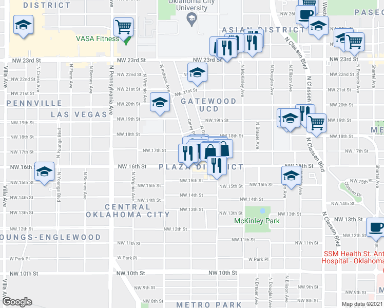 map of restaurants, bars, coffee shops, grocery stores, and more near 1744 Northwest 17th Street in Oklahoma City