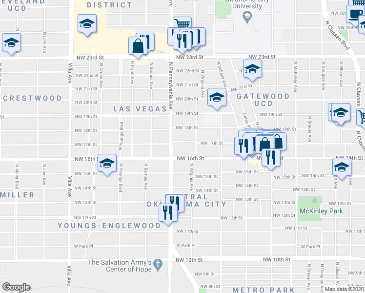 map of restaurants, bars, coffee shops, grocery stores, and more near 2018 Northwest 17th Street in Oklahoma City