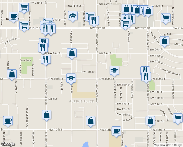 map of restaurants, bars, coffee shops, grocery stores, and more near 4912 Northwest 17th Street in Oklahoma City