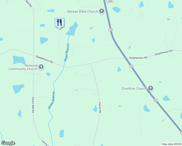 map of restaurants, bars, coffee shops, grocery stores, and more near 80 Penny Road in Angier