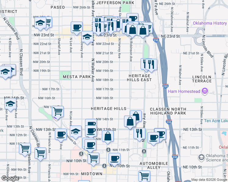 map of restaurants, bars, coffee shops, grocery stores, and more near 314 Northwest 17th Street in Oklahoma City