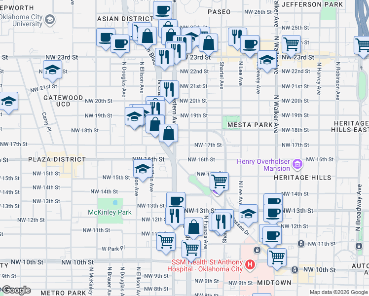 map of restaurants, bars, coffee shops, grocery stores, and more near 929 Northwest 17th Street in Oklahoma City