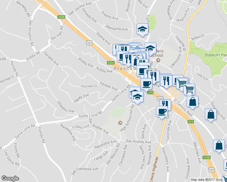 map of restaurants, bars, coffee shops, grocery stores, and more near 5900 Venado Avenue in Atascadero
