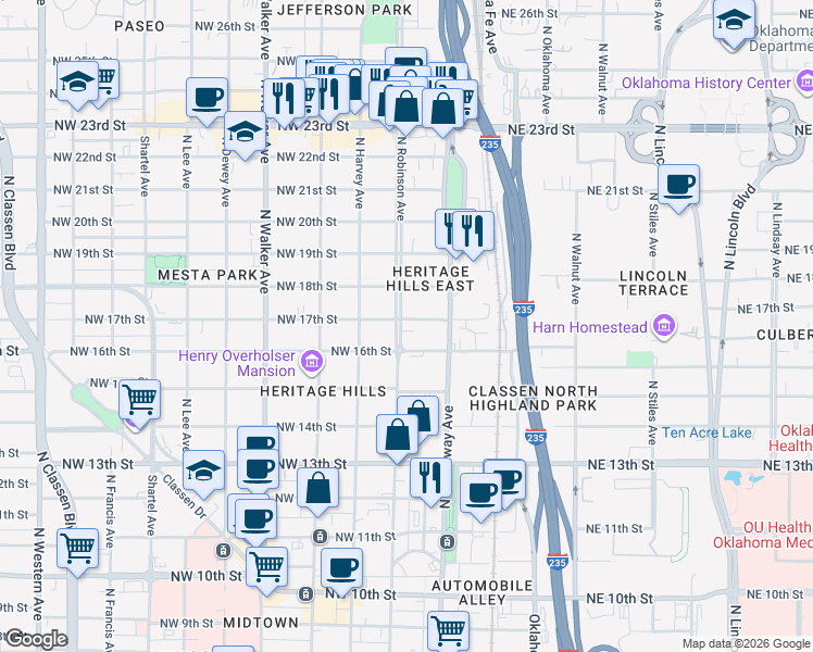 map of restaurants, bars, coffee shops, grocery stores, and more near 119 1/2 Northwest 17th Street in Oklahoma City