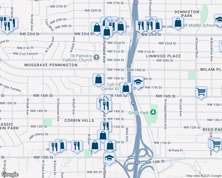 map of restaurants, bars, coffee shops, grocery stores, and more near 3616 Northwest 17th Street in Oklahoma City