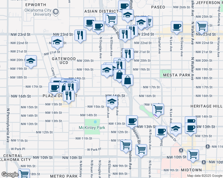 map of restaurants, bars, coffee shops, grocery stores, and more near 1306 1/2 Northwest 17th Street in Oklahoma City