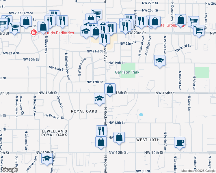 map of restaurants, bars, coffee shops, grocery stores, and more near 1708 North Rockwell Avenue in Bethany