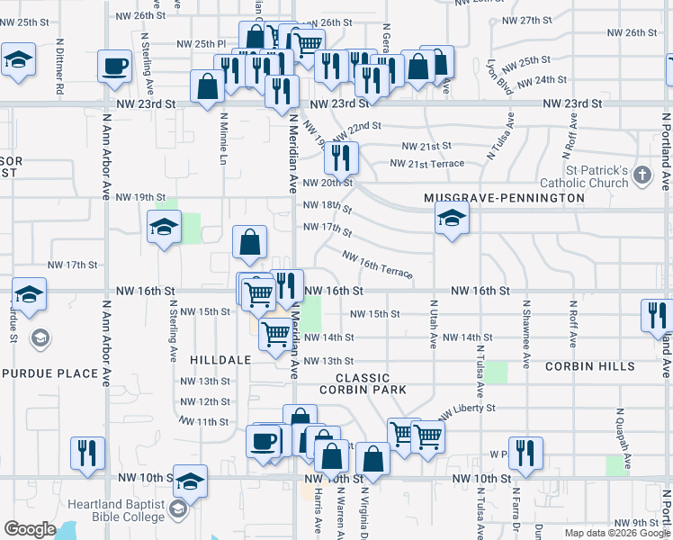 map of restaurants, bars, coffee shops, grocery stores, and more near 4409 Northwest 16th Place in Oklahoma City