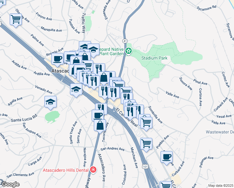 map of restaurants, bars, coffee shops, grocery stores, and more near 7065 Santa Ysabel Avenue in Atascadero