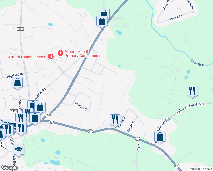 map of restaurants, bars, coffee shops, grocery stores, and more near 2519 Myra Lane in Lincolnton