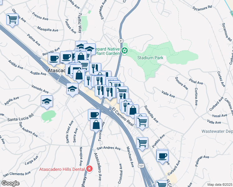 map of restaurants, bars, coffee shops, grocery stores, and more near 7065 Santa Ysabel Avenue in Atascadero