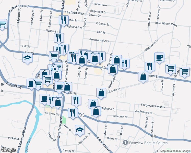 map of restaurants, bars, coffee shops, grocery stores, and more near 518 Sandusky Street in Shelbyville