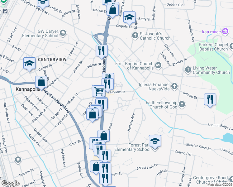 map of restaurants, bars, coffee shops, grocery stores, and more near 808 Fairview Street in Kannapolis