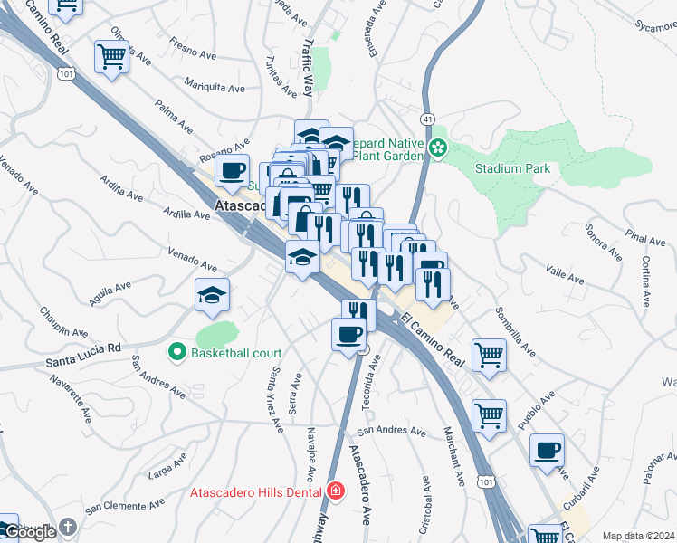 map of restaurants, bars, coffee shops, grocery stores, and more near 6910 El Camino Real in Atascadero
