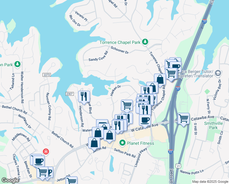 map of restaurants, bars, coffee shops, grocery stores, and more near 21315 Harken Drive in Cornelius