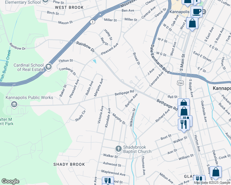 map of restaurants, bars, coffee shops, grocery stores, and more near 706 Bethpage Road in Kannapolis