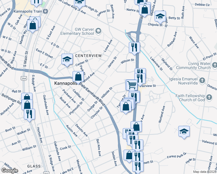map of restaurants, bars, coffee shops, grocery stores, and more near 614 Laundry Street in Kannapolis
