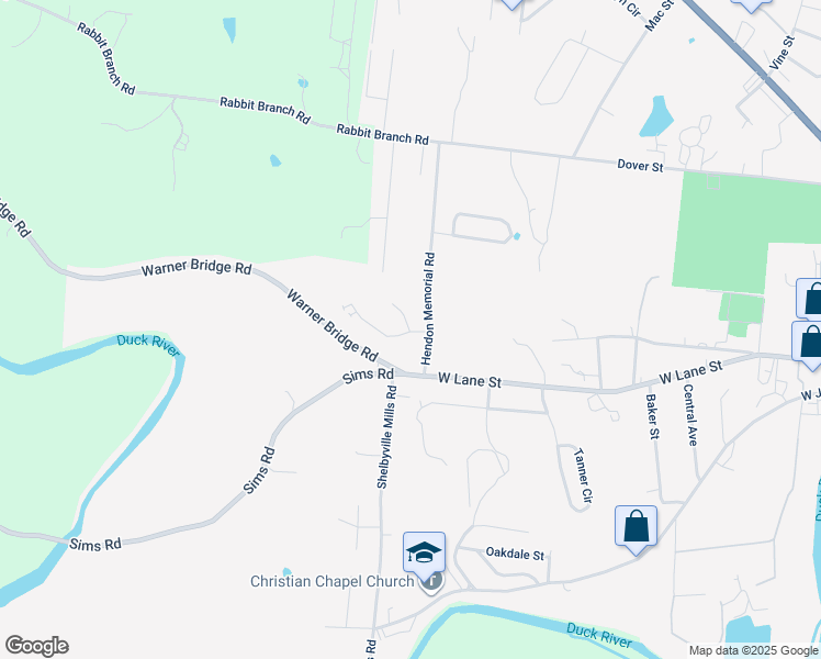 map of restaurants, bars, coffee shops, grocery stores, and more near 102 Buffalo Valley Drive in Shelbyville