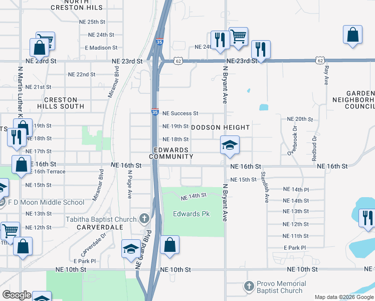 map of restaurants, bars, coffee shops, grocery stores, and more near 2725 Northeast 17th Street in Oklahoma City