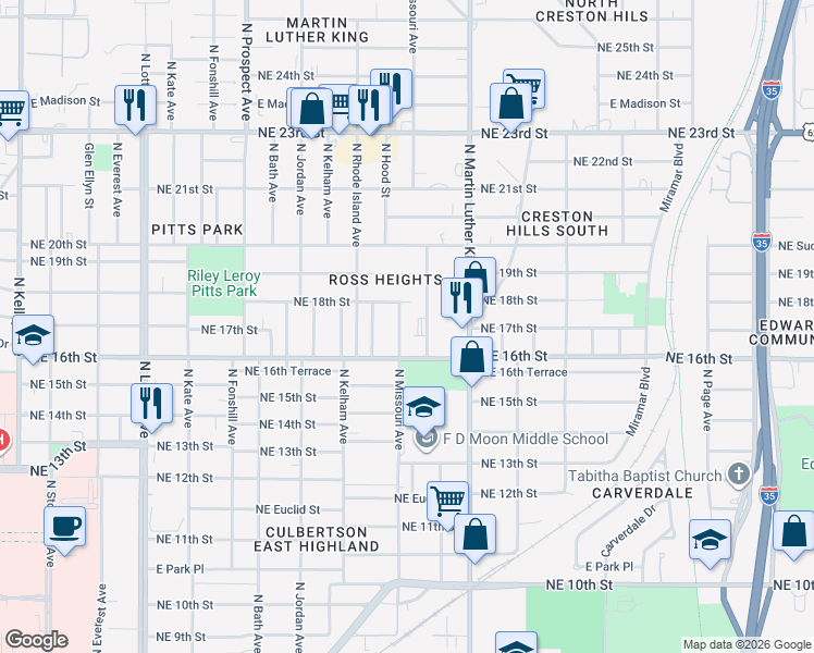 map of restaurants, bars, coffee shops, grocery stores, and more near 1809 North Nebraska Avenue in Oklahoma City