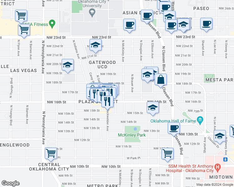 map of restaurants, bars, coffee shops, grocery stores, and more near 1614 Northwest 17th Street in Oklahoma City