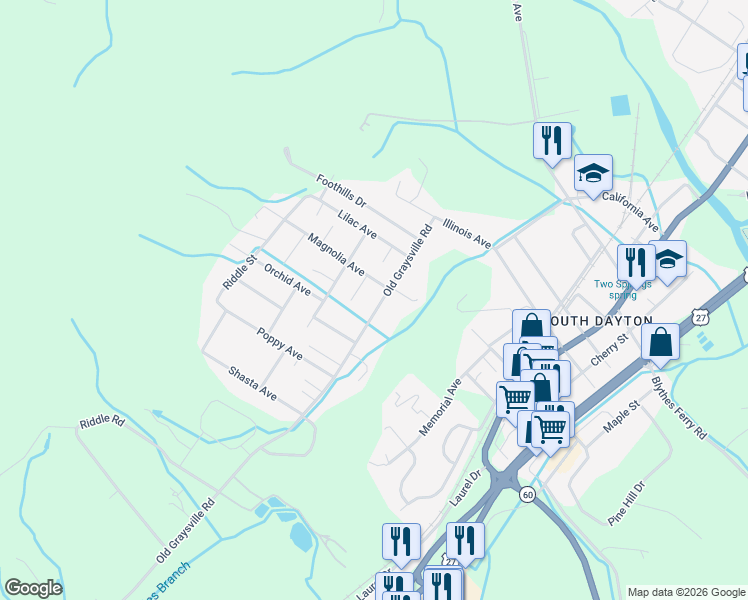 map of restaurants, bars, coffee shops, grocery stores, and more near 346 Old Graysville Rd in Dayton
