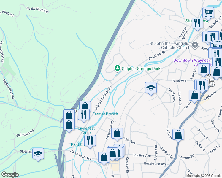map of restaurants, bars, coffee shops, grocery stores, and more near 1049 Sulphur Springs Road in Waynesville