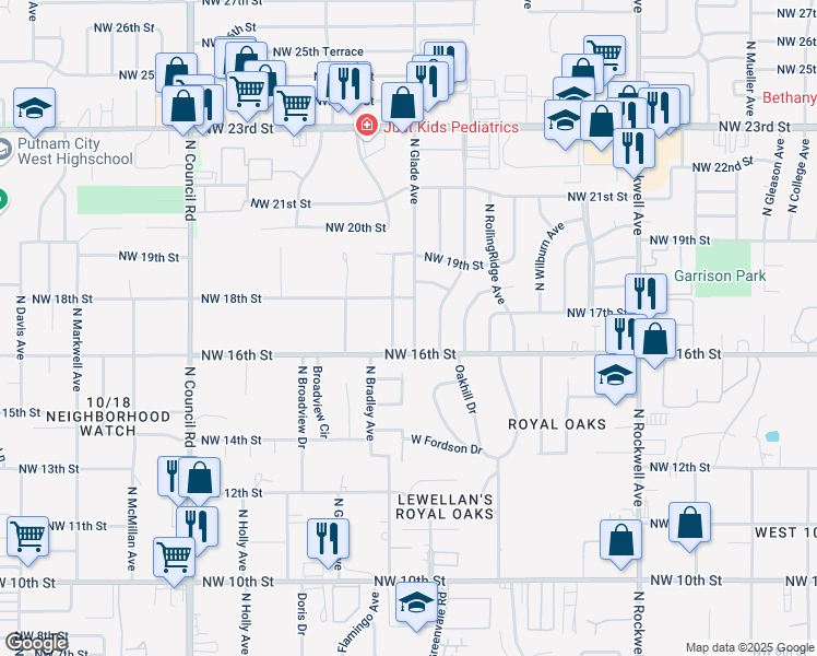 map of restaurants, bars, coffee shops, grocery stores, and more near 1713 North Glade Avenue in Bethany