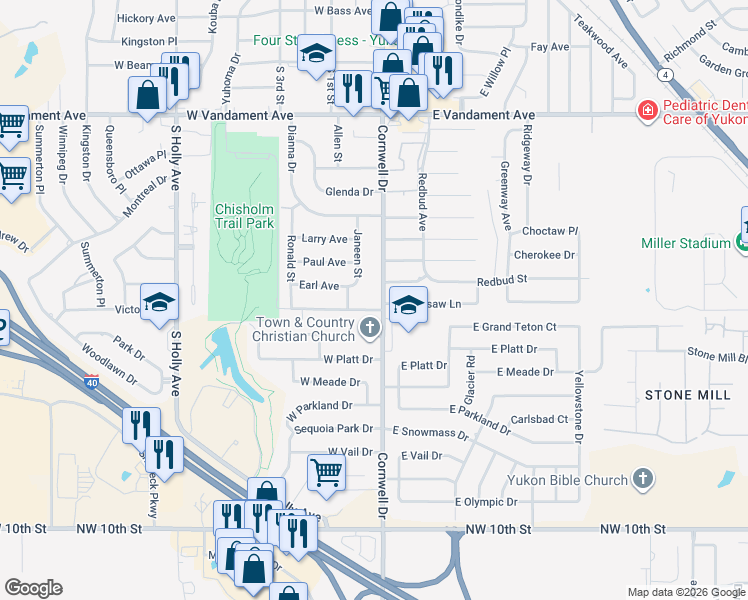 map of restaurants, bars, coffee shops, grocery stores, and more near 2010 Cornwell Drive in Yukon